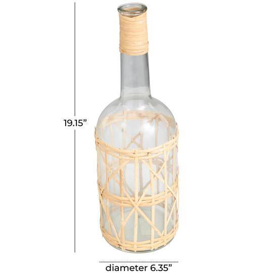 19" Clear Glass Handmade Vase with Light Brown Rattan Woven Body & Neck